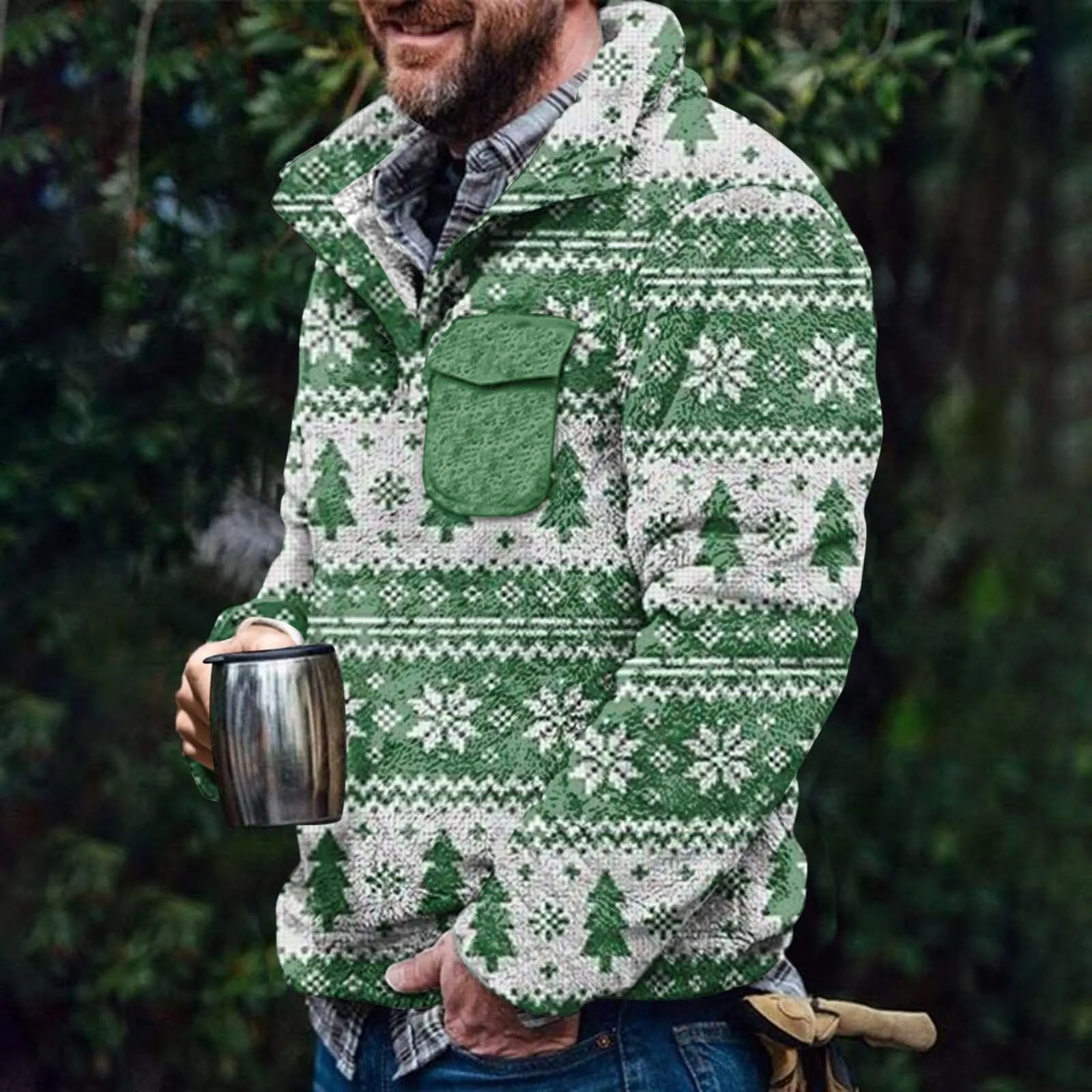 

Retro Navidad Outerwear Men'S Graphic Jacket Coat Winter Warm Christmas Fleece Hoodies Workout Windbreak Stand-Collar Sudaderas