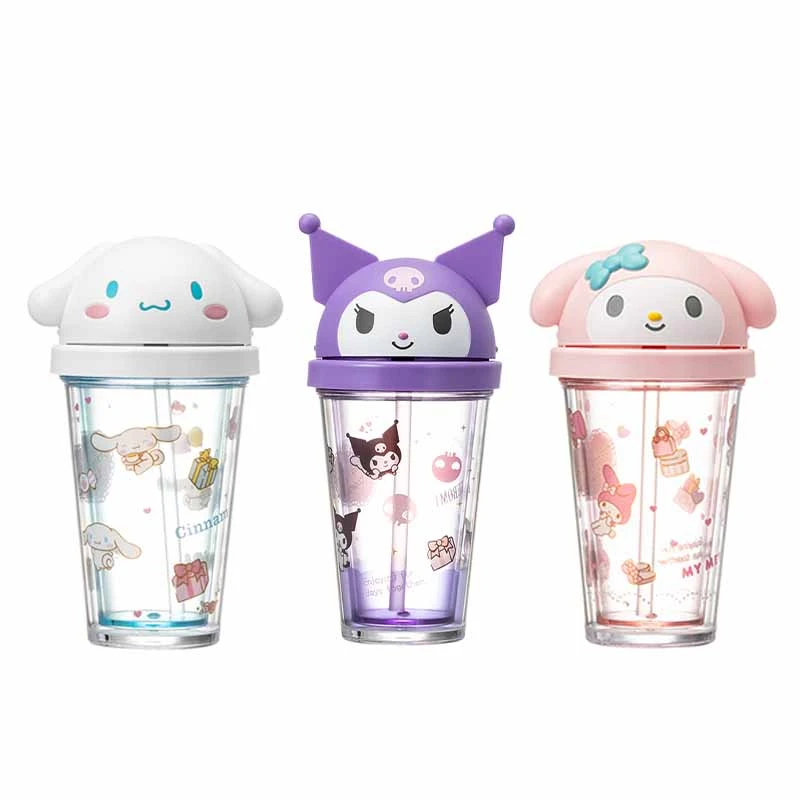 

320Ml Sanrioed Straw Cup Kawaii Cartoon Mymelody Kuromi Cinnamoroll Transparent Three-Dimensional Accompanying Cup Water Cup