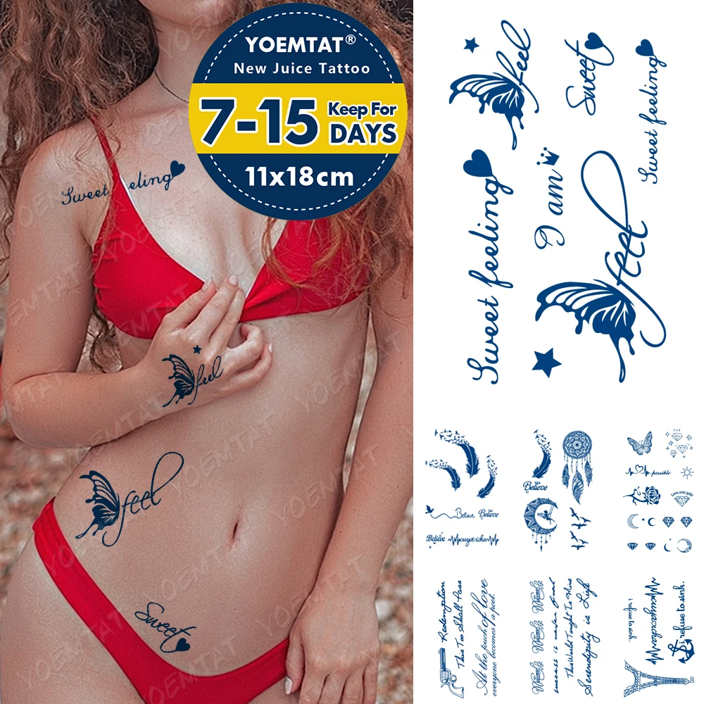 

Blue Ink Juice Temporary Sexy Tato Sticker Butterfly Feather Flash Transfer Body Art Men Women Fake Tattoo Waterproof Lasting