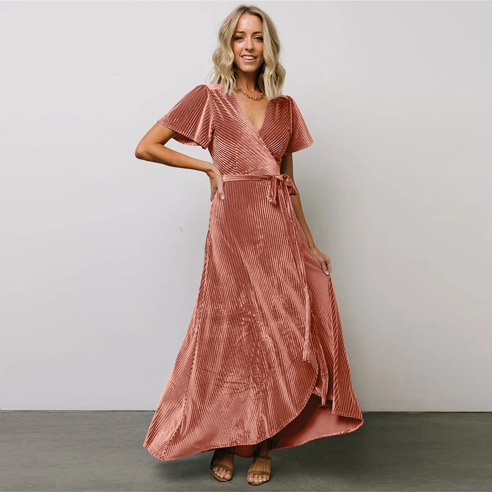 

Women Corduroy Maxi Dress 2022 Summer Solid V Neck Evening Party Elegant Dresses for Women Vintage Wedding Long Dress Vestidos