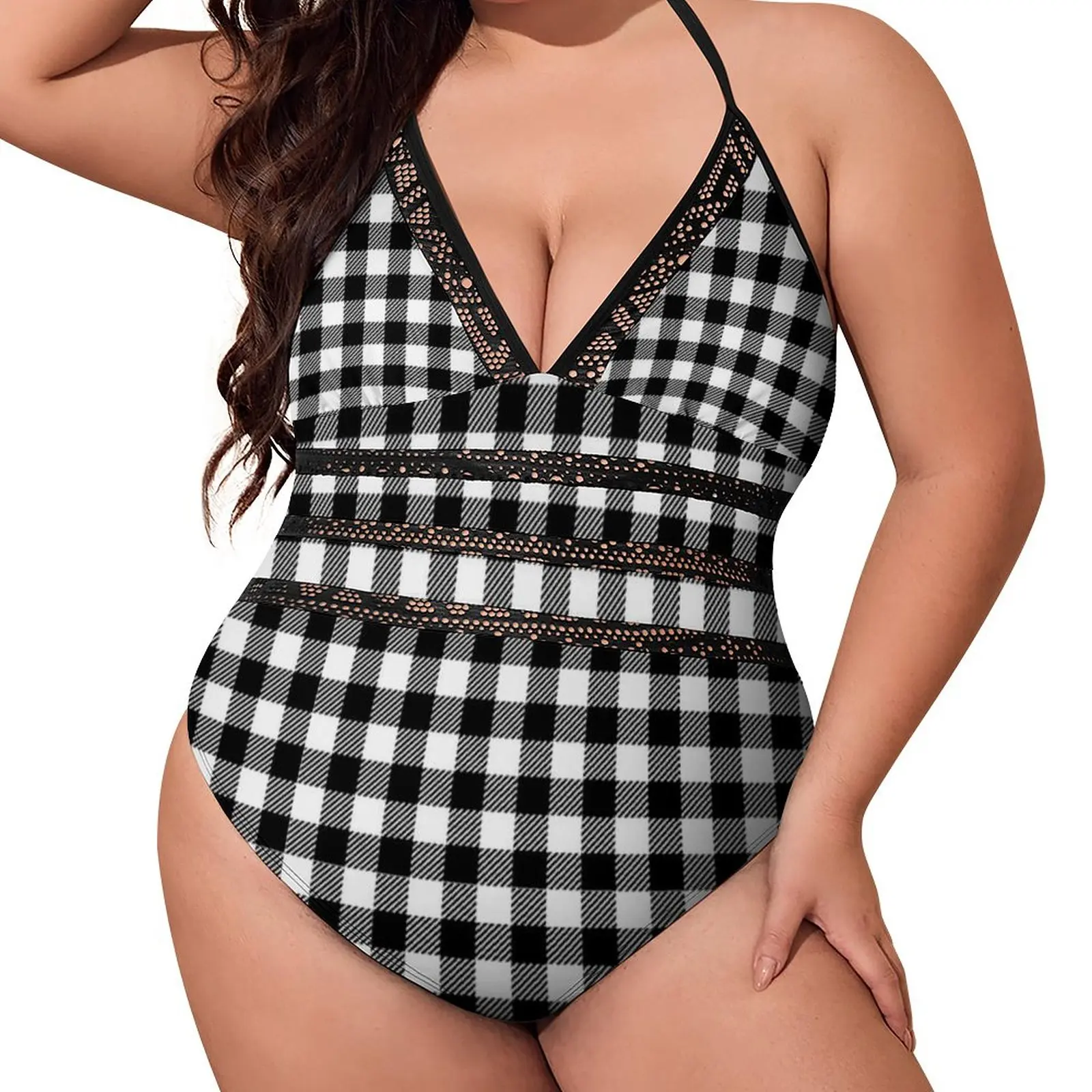 

Retro Checkerboard Swimsuit Sexy Black and White Plaid One Piece Swimwear Ladies Push Up Swimsuits Aesthetic Halter Bathing Suit