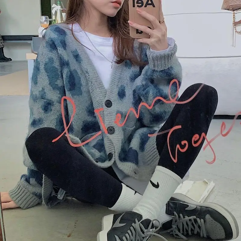 

Leopard Print Knitted Cardigan Sweater Women Harajuku V-neck Single Breasted Jumpers Long Sleeve Oversize Outwear Korean