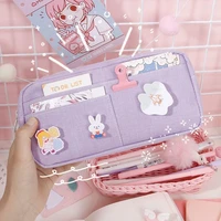 kawaii purple canvas pencil case cute animal badge pink pencilcases large school pencil bags for maiden girl stationery supplies