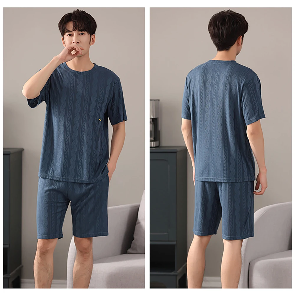 Silkly Cotton Pajamas Man Trendyol Pajama Sets Solid Striped Sleepwear Loose O Neck With Shorts Cotton Breathable pijama hombre