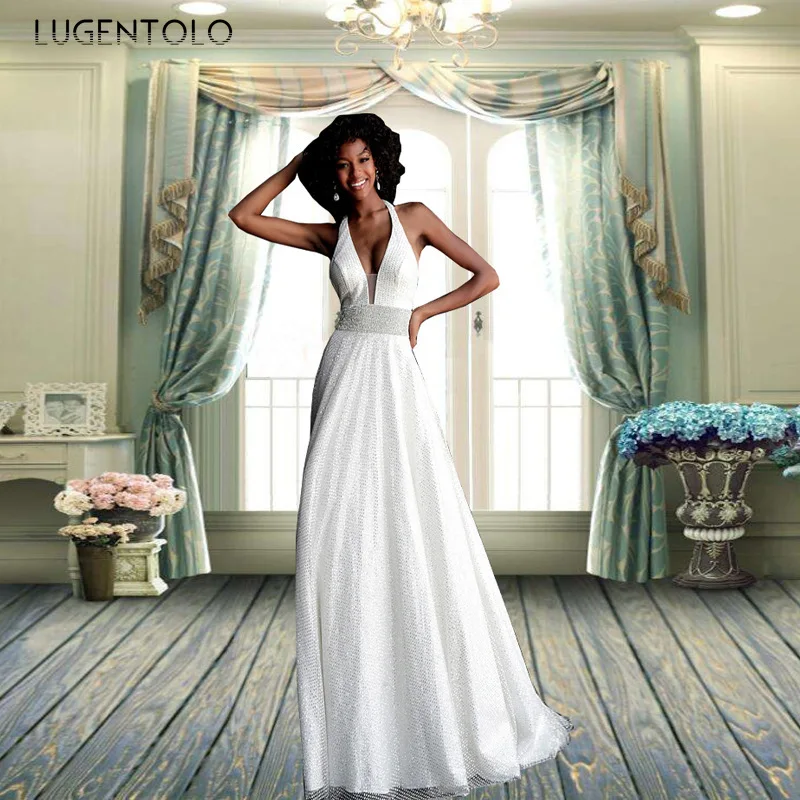 

Women Sexy Dress V-neck Slim Halter Party Sleeveless Backless Dresses Lady Spring Summer Empire Big Swing White Thin Long Dress