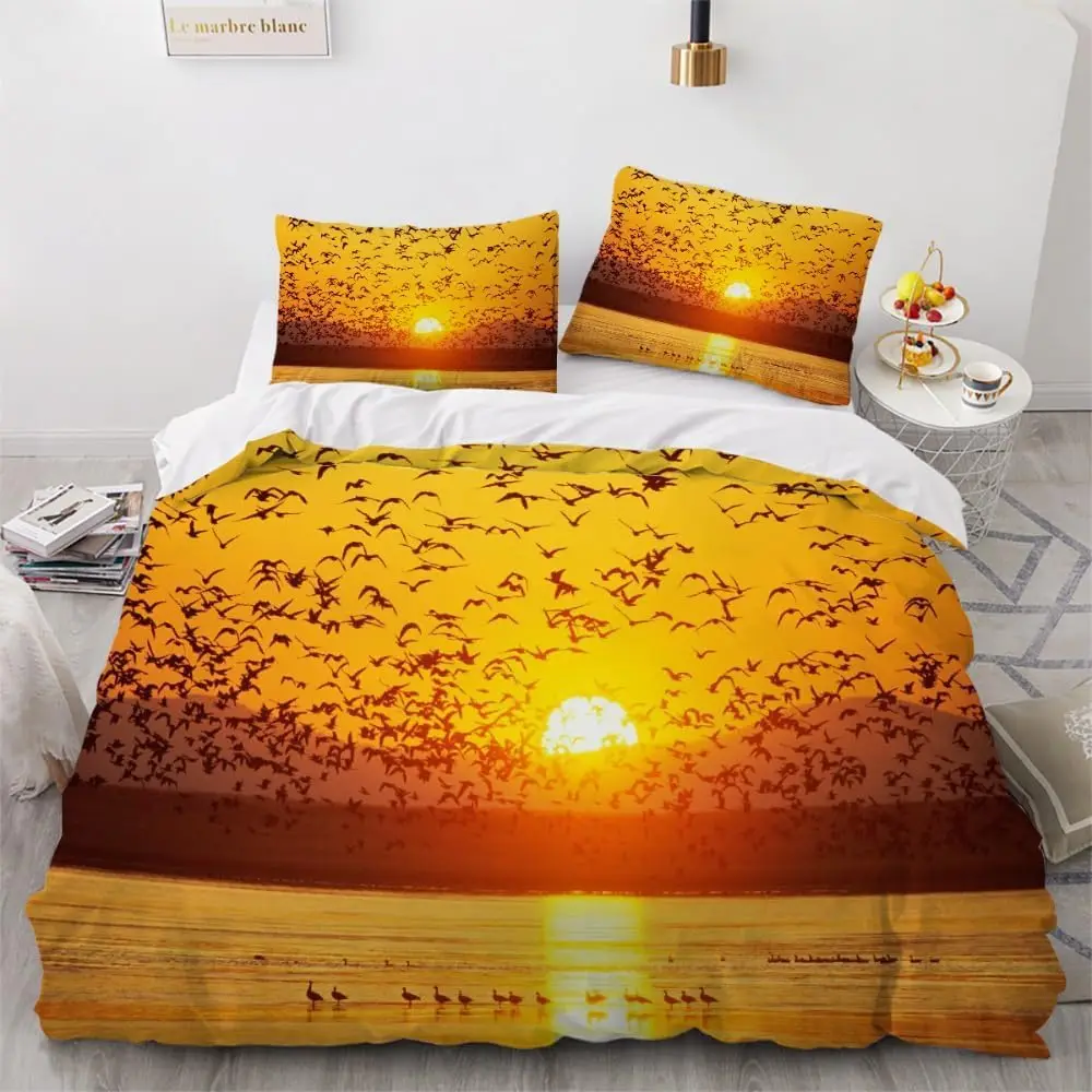 Фото Пейзажные пододеяльники для подростков и взрослых, пододеяльник Queen Dusk Orange Sunset с 2-мя наволочками, комплект постельного белья с романтическими закатами и птицами №3
