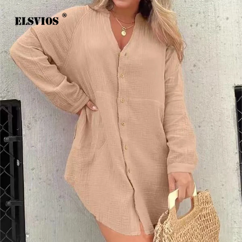 

Women's Casual Solid Color V Neck Long Shirts Spring Autumn Elegant Commute Long Sleeves Buttons Cardigans Fashion Loose Blouses