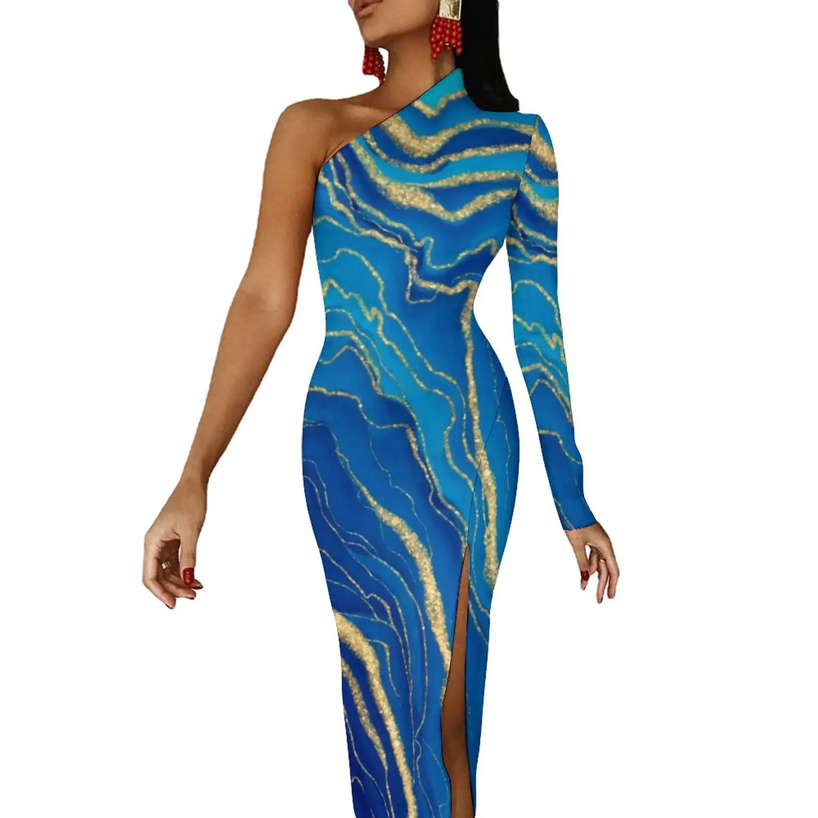 

Blue Marble Side Split Bodycon Dress Woman Gold Fluid Liquid Club Maxi Dress Spring Long Sleeve Aesthetic Pattern Dresses Gift