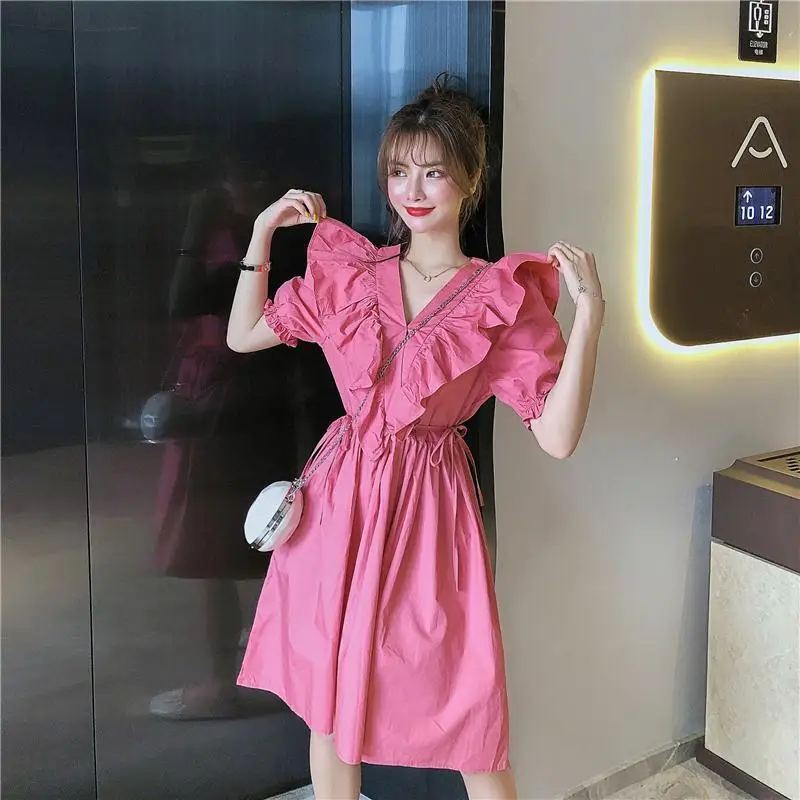 

Dresses Women Ruffles A-line Midi Preppy Sweet French Style Retro Ladies Summer Leisure Chic Vacation New Vestidos Design L06