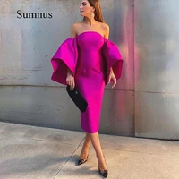 fuchsia satin midi evening dress strapless flared sleeve prom gown formal women special occasion party dresses robe de soiree