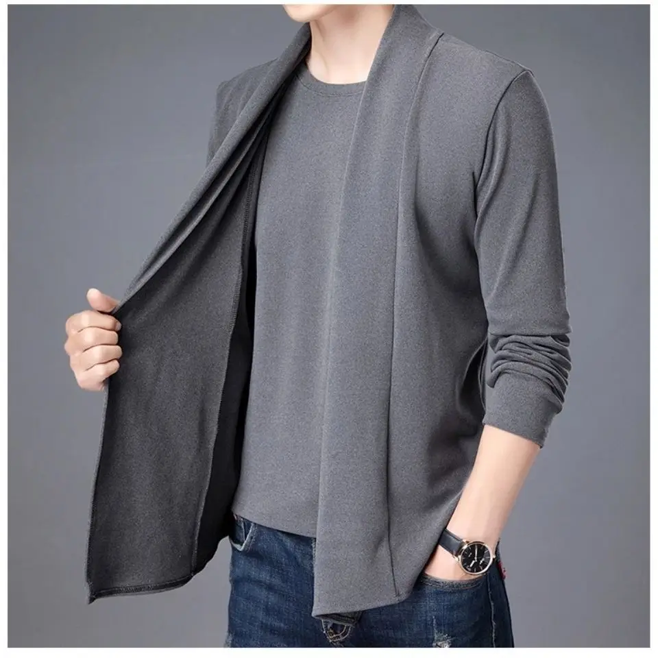 Spring Autumn Black Grey Knitted Cardigan Slim Handsome Double Faced Velvet Open Stitch Short Keep Warm Tops Skin Friendly Shirt
