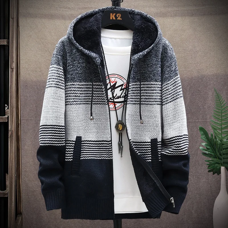 2022 Autumn/Winter Men's Casual Cardigan Zip-up Sweater and Fleece Anorak Men's Knit Hooded Coat Sweater for Men