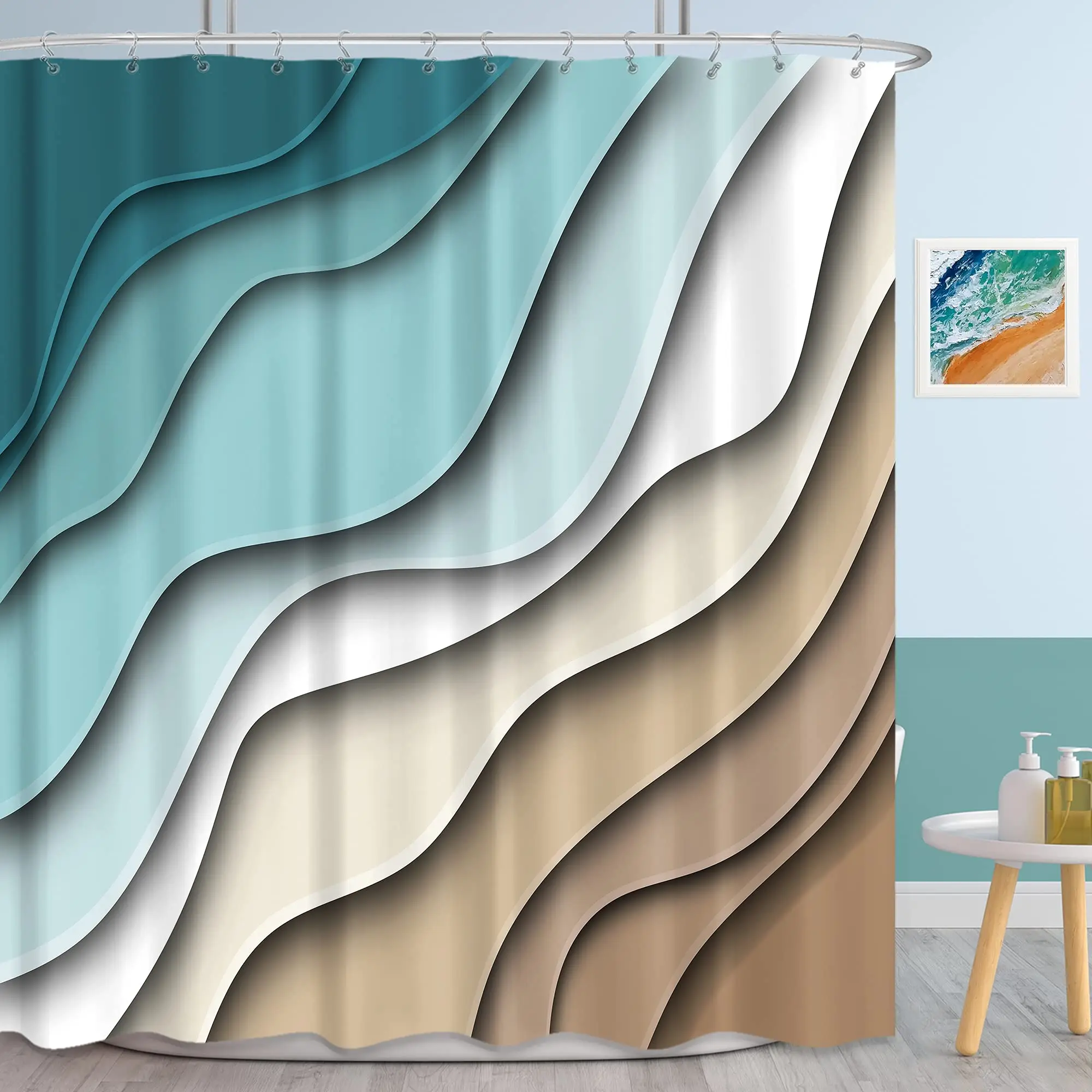 Aesthetic Ombre Brown Cream Shower Curtains Modern Abstract Geometric Beach Bathroom Curtain Set