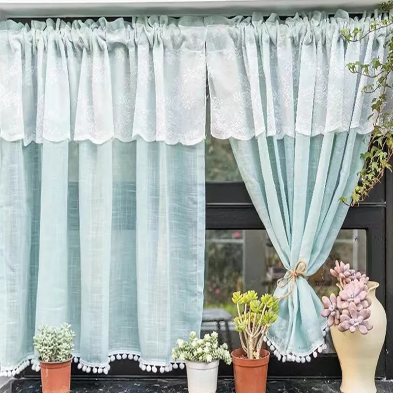 

Blue Sheer Lace Double Layer Short Curtains Valance Tier for Kitchen Cafe Farmhouse White Pom Pom Balcony Window Drapes