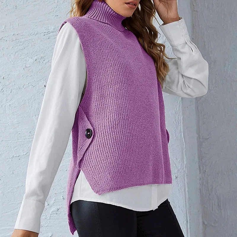 

New High-neck Sleeveless Sweaters Button Knit Vests Jumpers Chic Fashion Solid Knitted Vest Women Loose Comfortable Pullovers