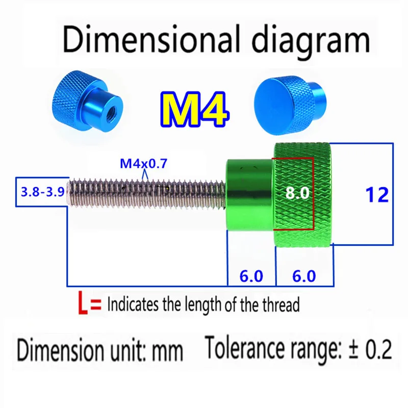 

M4*L=4-80mm Aluminum Alloy Thumb Screw Aluminum Knurled Head Stainless Steel Thread Hand Tighten Screws Bolts Anodized 10 Colors