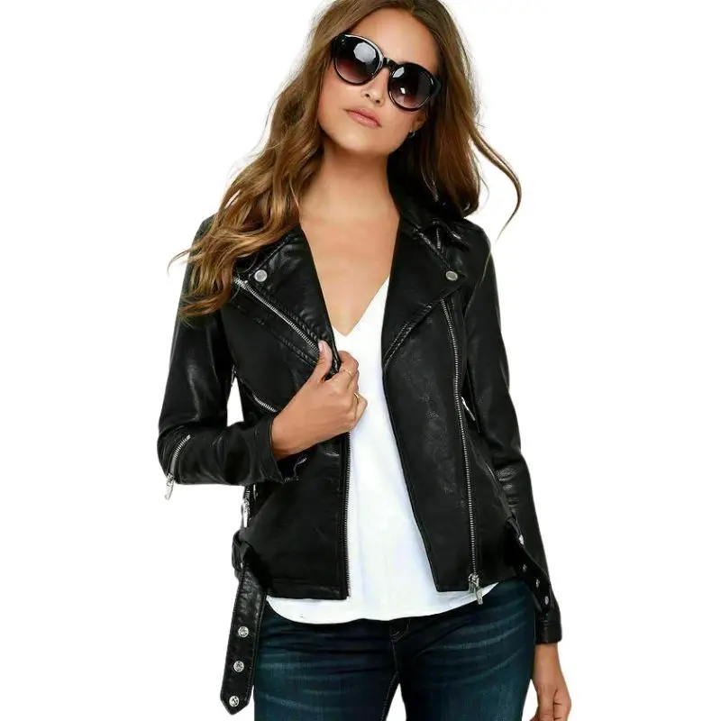 Enlarge Women Genuine Biker Leather Jacket Motorcycle Belted Lambskin Real Slim fit