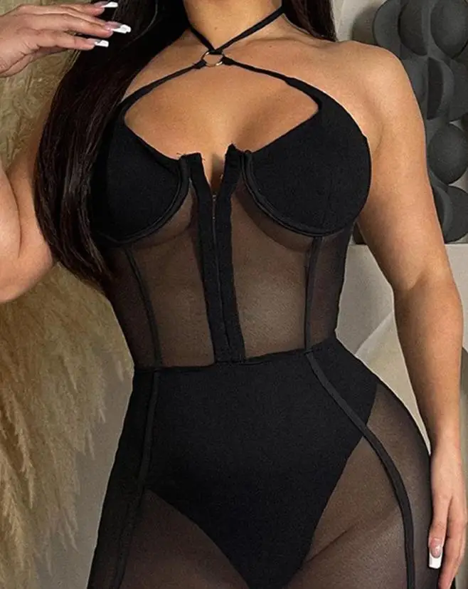 

Sexy Sheer Mesh Halter Bodycon Dress For Women 2023Summer Fashion Plain Sleeveless Mini Skinny Night Out Women's Dresses