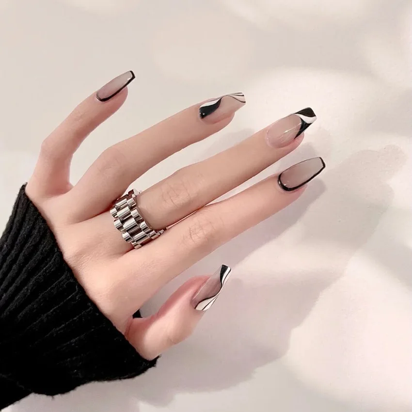 

24pcs/Set French Wave Line Fake Nails Black Coffin Press on Nail Tips Artificial Full Cover Ballerina Wearable False Nails Art