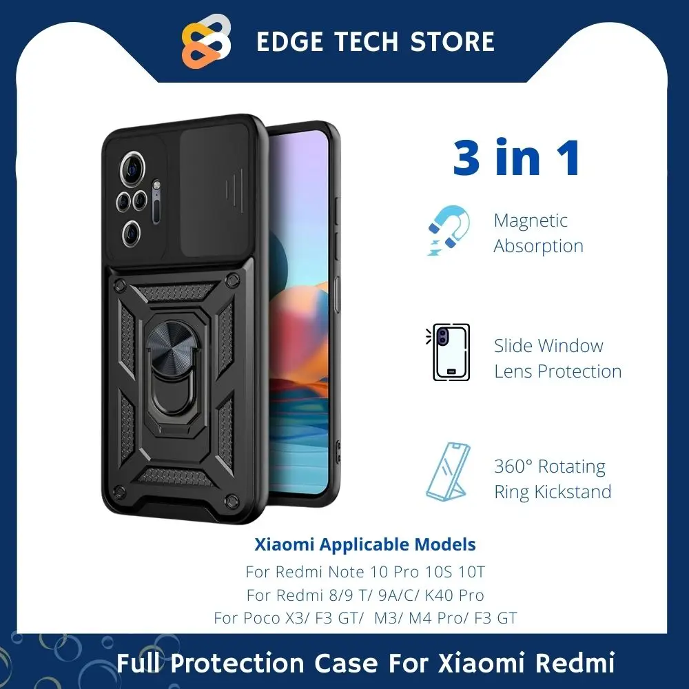

Ring Case for Redmi Note 10 Pro 10S T 8 9T 9A K40 Push Pull Camera Protection Phone Cover For POCO X3 NFC F3 Case Accessories