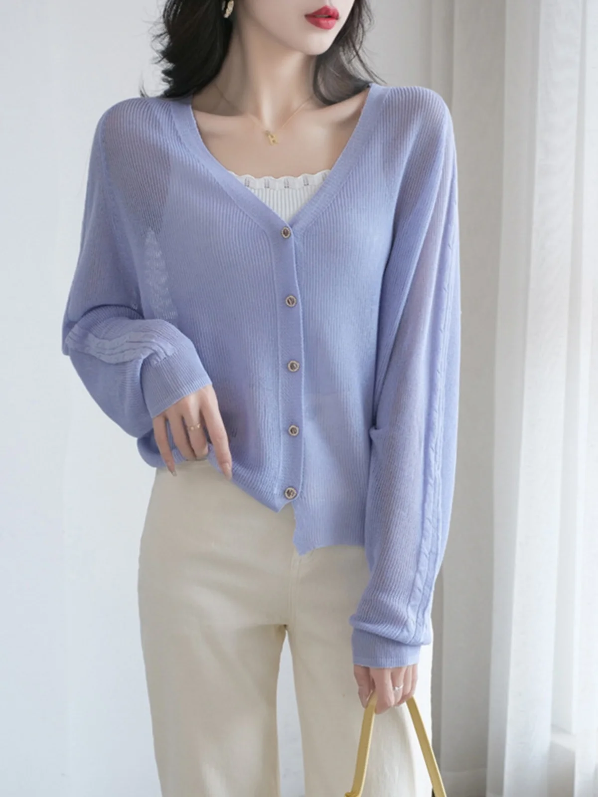 Ice Silk Sun Protection Clothing Cardigan Women 2024 Summer Thin Breathable Outdoor Airable Shirt V-neck Knitted Cover up Sho...