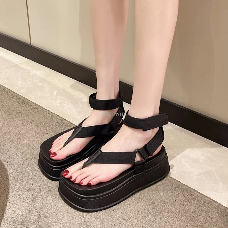

2022 Latest Style Brand Black High Heels Women Gladiator Sandals Comfort Casual Flip Flop Hook Loop Summer Women's Platorm Shoes