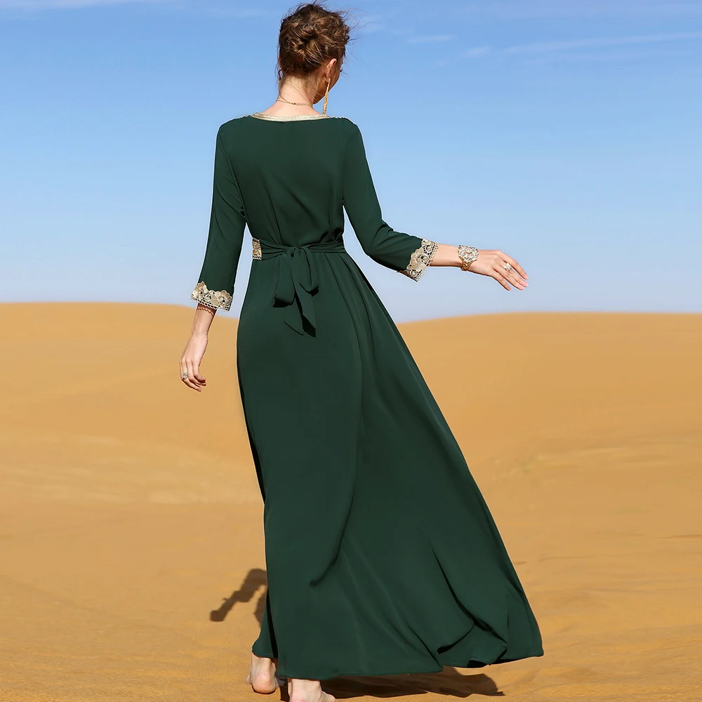 Muslim Woman Dress Moroccan Caftan Marocain Dark Green Embroidered Lace Elegant Vintage Vacation Gorgeous Middle Eastern Dress