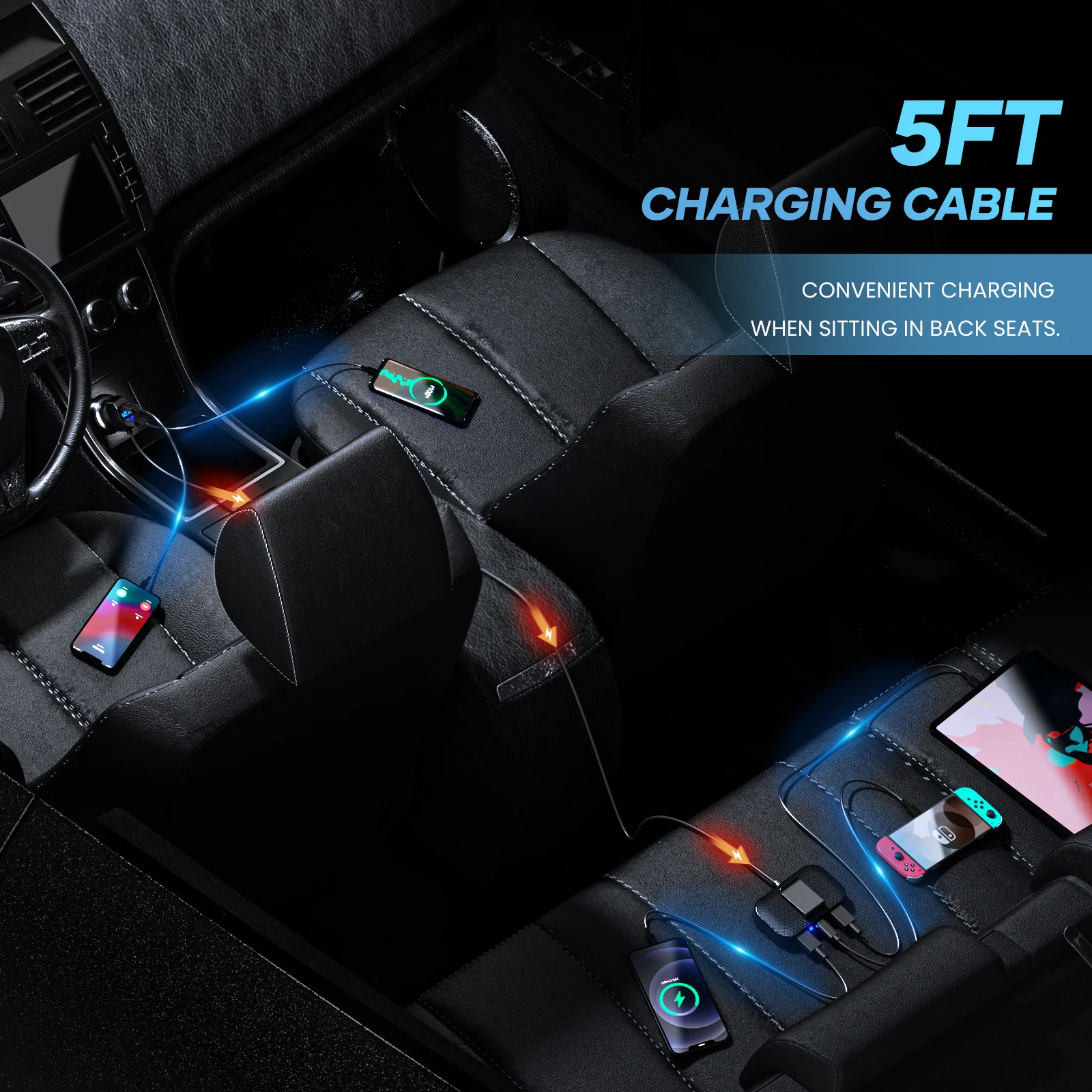 Зарядное устройство LENCENT автомобильное с 5 портами типа C и кабелем футов |