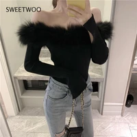 fur slash neck off shoulder knitted sweater women sexy stretch body knit basic pullover 2022 spring autumn casual jumper tide