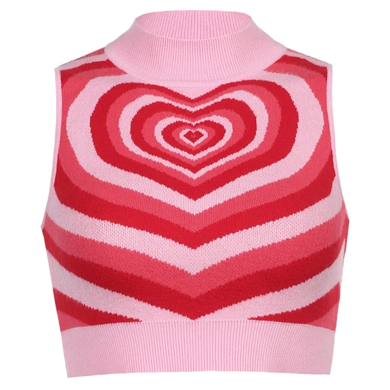 

Women Sleeveless Knitted Crop Top Contrast Color Heart Turtleneck Sweater Vest