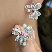 huitan gorgeous pink flower stud earrings bridal wedding accessories aesthetic womens cz earrings for party statement jewelry
