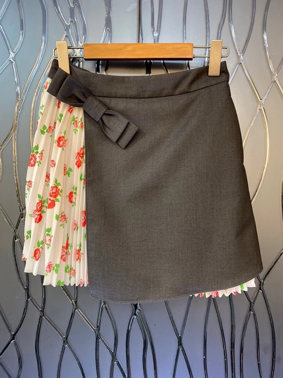 

2022 new women fashion pleated floral stitching suit bow short skirt skirt 226