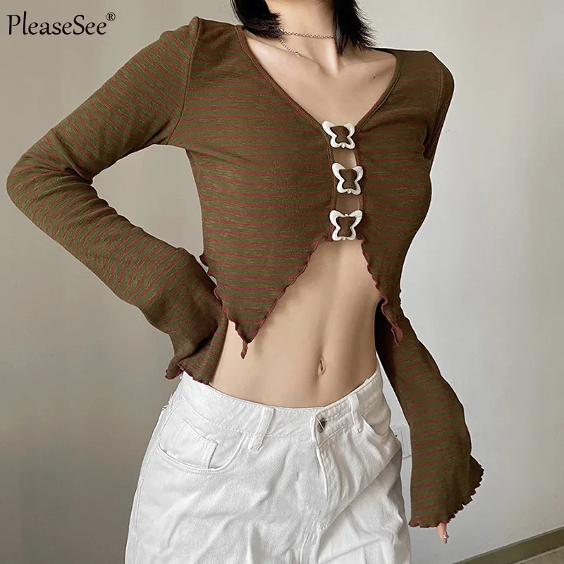 Женский винтажный кардиган в полоску короткий топ с расклешенными рукавами