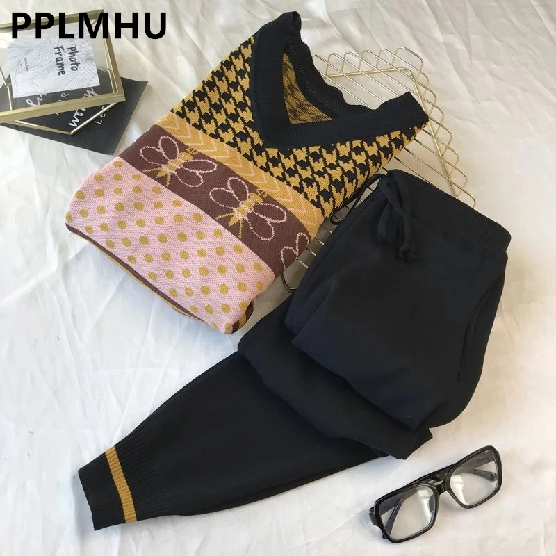 Sweater Two Piece Sets Women Vintage Print Long Sleeve V-neck Patchwork Pullover Suit Ankle-length Pants Tracksuit Knit Outfits