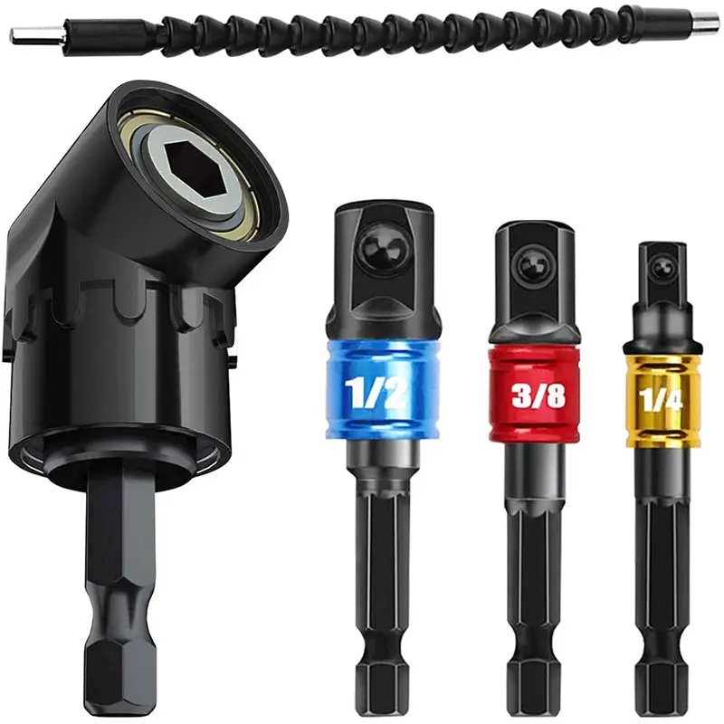 

Impact Socket 3Pcs 1/4 3/8 1/2" Hex Shank Drill Nut Driver Bit Set 105 Degree Right Angle Screwdriver Flexible Shaft Extension