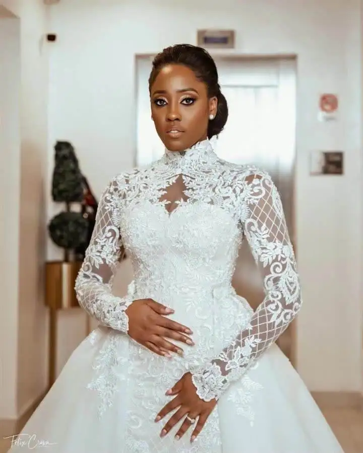 

2 in 1 African Mermaid Wedding Dresses Bridal Gowns High Neck Long Sleeves Lace satin bride dress 2023