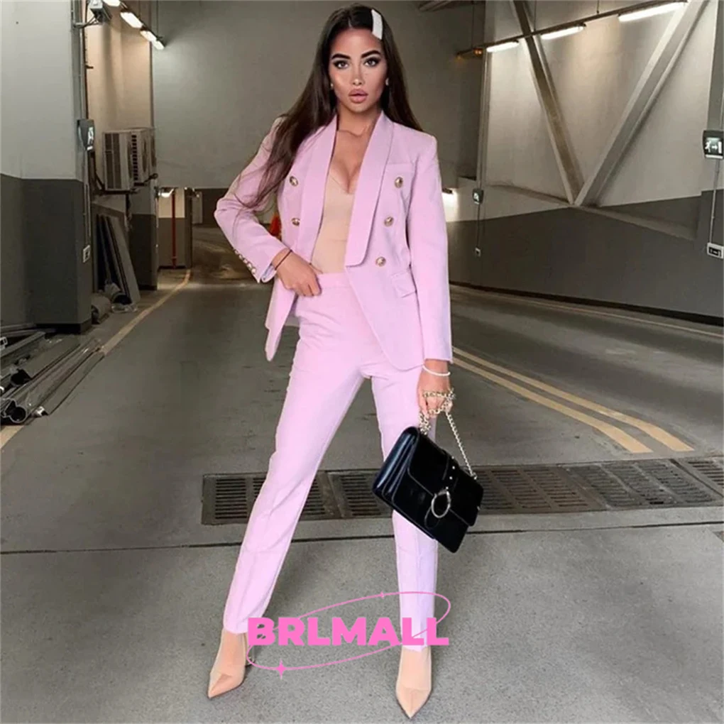 

Baby Pink 2-Piece Women Suit Set One Button Blazer Pants Suit Set Party Prom Dress Wear For Wedding Party Guest Outfit