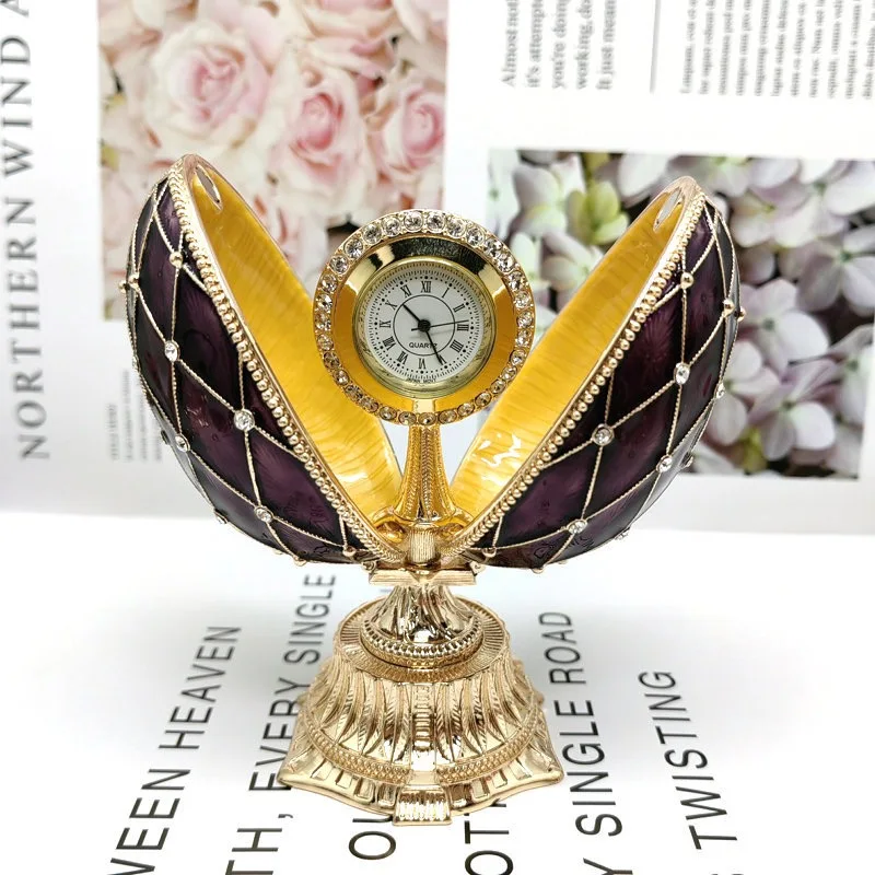 Faberge Egg Trinket Box & Clock Handmade Crystals Egg Shaped Hinged Trinket with Clock inside