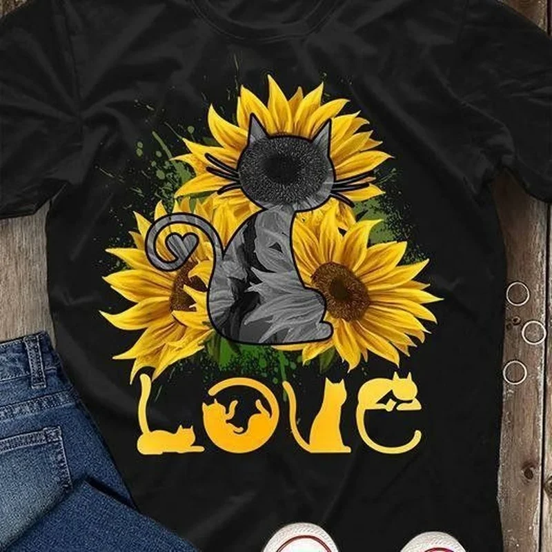 

Love Cat Sunflower Print T Shirt Women Short Sleeve O Neck Loose Tshirt Summer Women Causal Tee Shirt Tops Camisetas Mujer