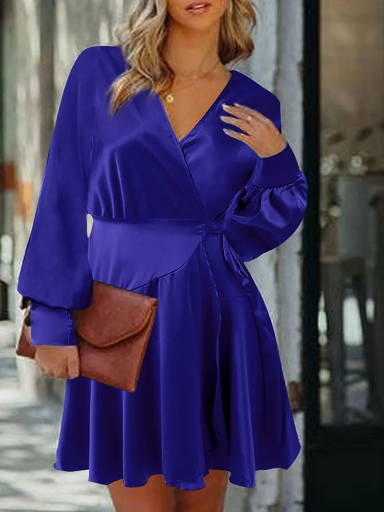 

ZANZEA Casual Knee-length Vestidos Elegant Women A-line Work OL Sundress Summer V Neck Long Sleeve Satin Dress Solid Robe Femme