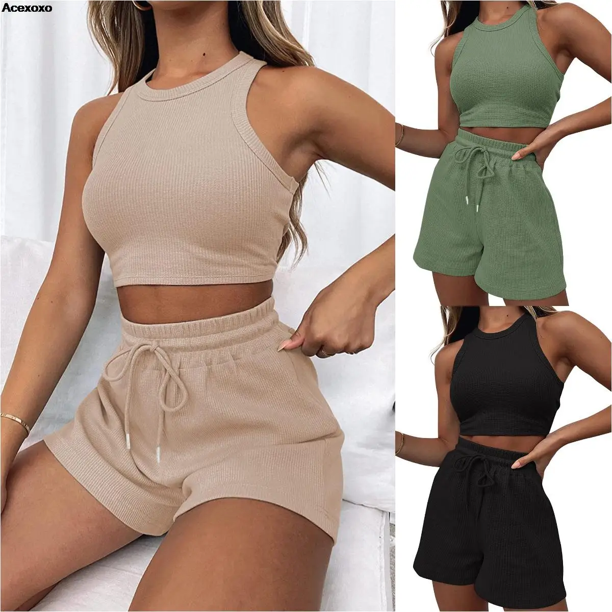 

New 2023 Summer sleeveless waffle suit solid color vest fashion casual short