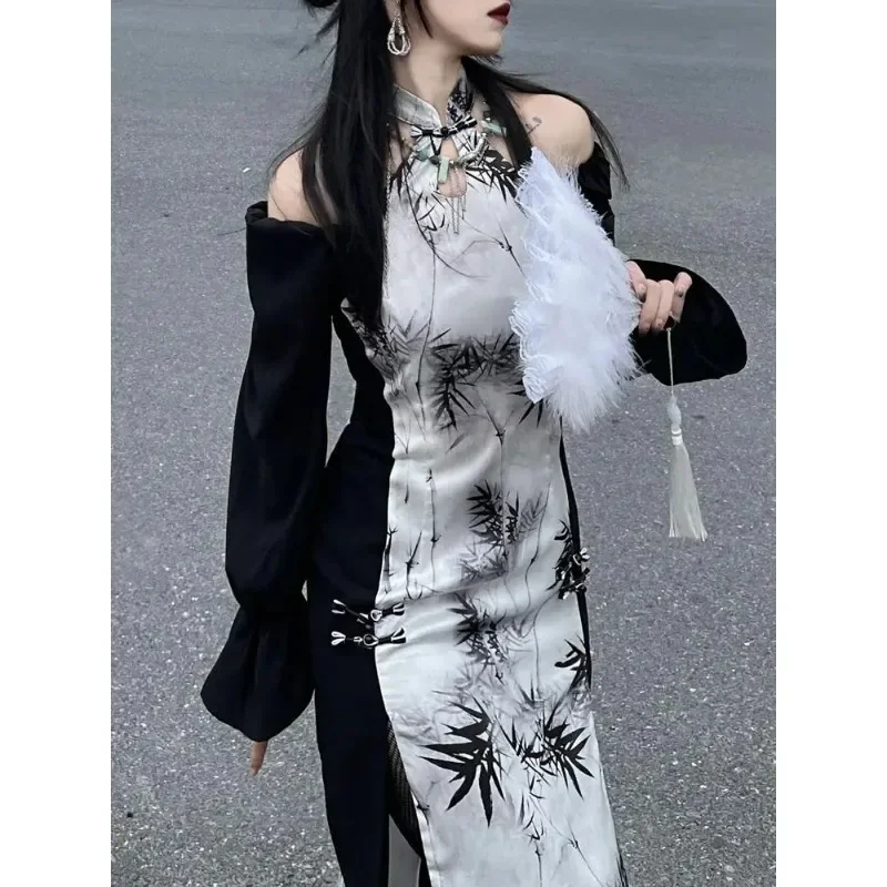 2024 летнее сексуальное черно-белое платье Cheongsam на одно плечо с бамбуковым принтом