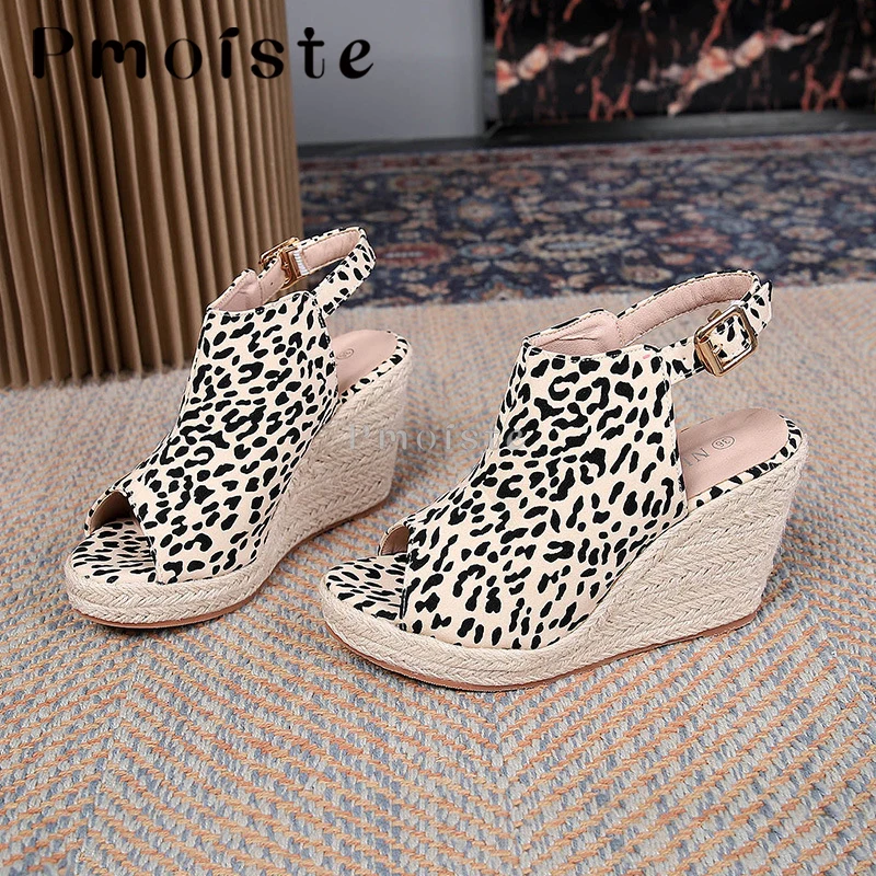 Wedge Sandals For Woman Espadrille Buckle Slippers New Big Size 42 43 Fish Toe Fashion Leopard Print Women's Summer Shoes