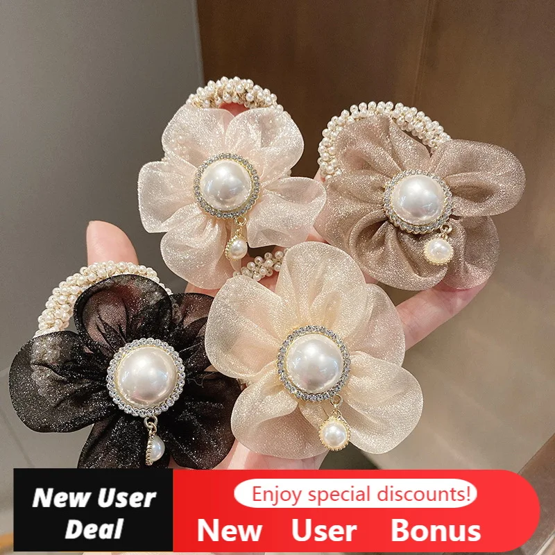 

Korean Girl Hair Accessories Elastic Hair Bands Handmade Pearls Hair Clips Flower Barrettes Big Size Ponytail Holder Headban