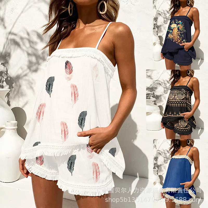 

Women Lace Tassel Stitching Suit Sexy Spaghetti Strap Square Collar Backless Top Straight Shorts Suit Women Printed 2 Piece Suit