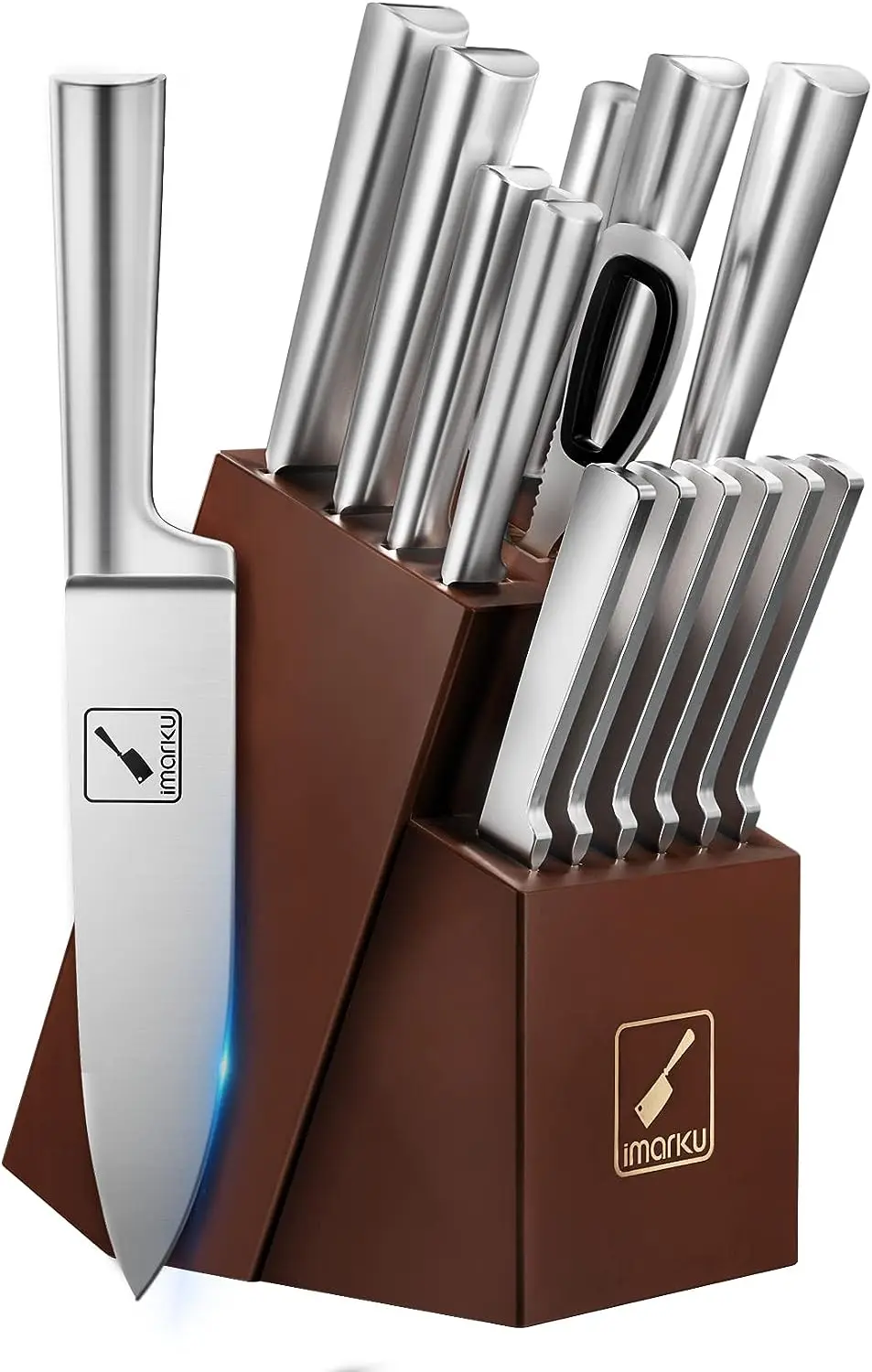 

Set - imarku Kitchen Knife Set 15 Piece Japanese Stainless Steel Knife Block Set with Sharpener - Dishwasher Safe Kitchen Knives