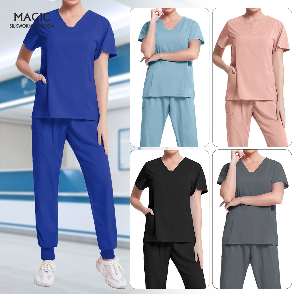 

V-Neck Scrubs Suit for Women Solid Color Short Sleeved Beauty Salon Work Uniforms with Pocket Health Care Medical Uniforms Women