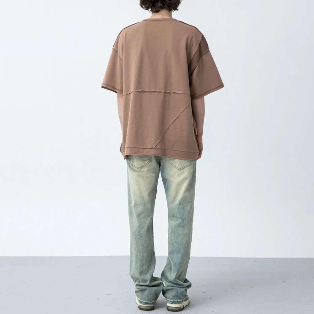 High Street Tide Brand American Retro Old Patch Ripped Jeans Men's Loose Contrasting Color Straight Leg Showing High Long Pants