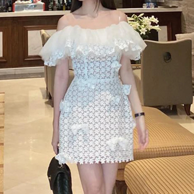 

Белое кружевное платье для женщин, роскошные винтажные Мини-платья на бретелях-спагетти с воротником-лодочкой и высокой талией Вечерние