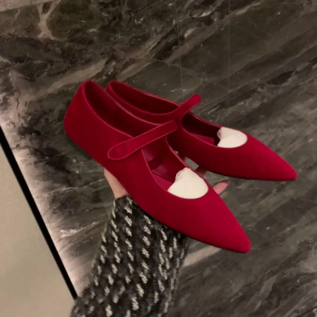

Pointed Buckle with Velvet Flat Bottom Mary Jane Single Shoes Women's Wedding Shoes
